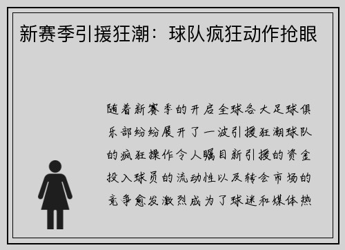 新赛季引援狂潮：球队疯狂动作抢眼